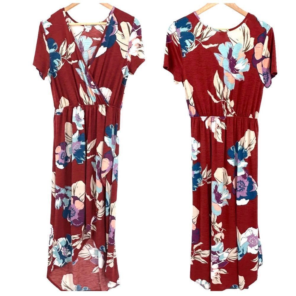 Emberley faux wrap dress high low rusty red blue lavender floral size medium
